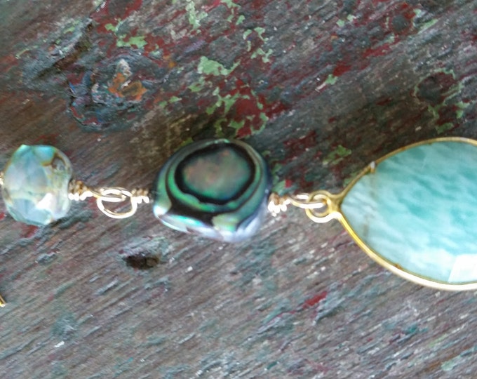 Gold Vermeil Bezeled Amazonite, Abalone, and Glass Bead Earrings in 14 K GF