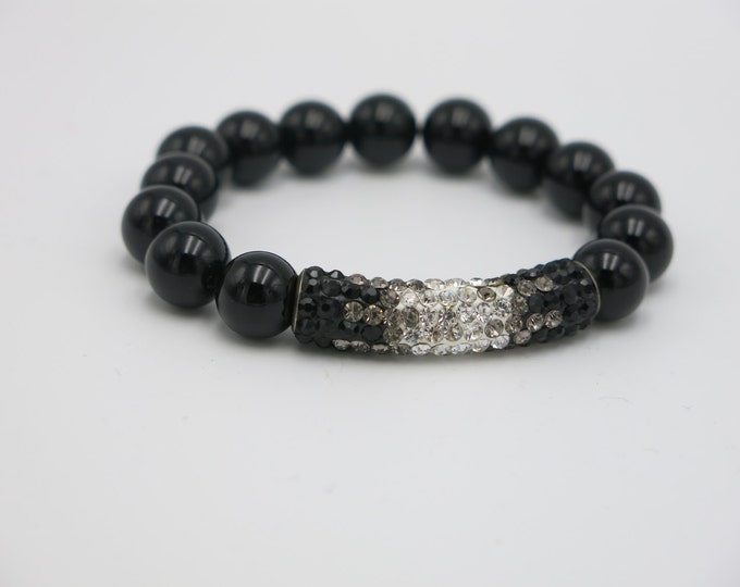 Instant Glamour Fashion Crystal Beaded Bracelet! All natural Black Onyx 10mm with Crystal Rhinestone Clay Bead.