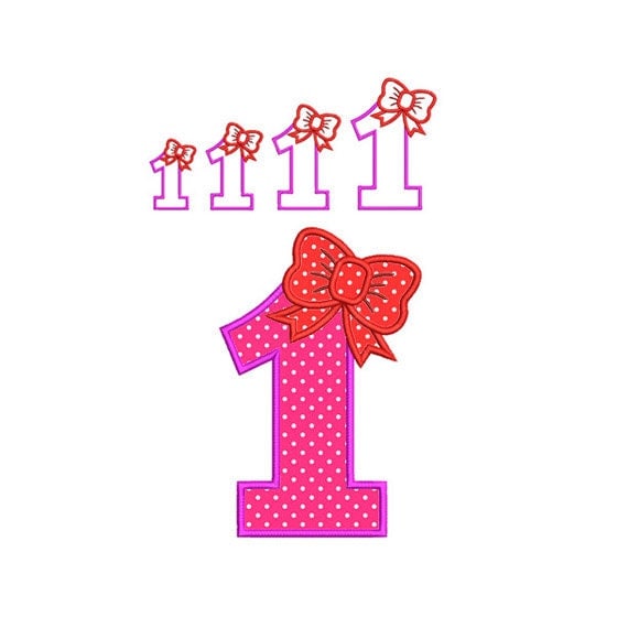Bow with number 1 applique Machine Embroidery Design. Number 1 Birthday