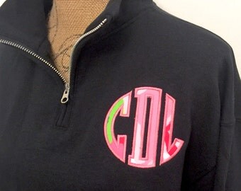 Lilly Pulitzer fabric monogram, stitched on quarter-zip sweatshirt - makes a great gift!!!