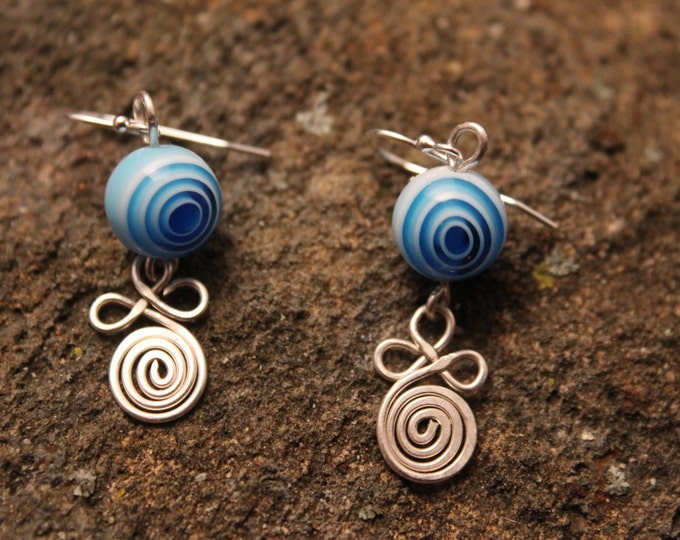 Blue Swirl Glass Bead Earrings with Sterling Silver Clover Leaf Spiral, Hippie Boho Earrings, Art Nouveau Swirl Earring