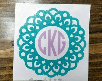 Framed Monogram Decal, Vinyl Mandala Decal, Circle Initials Decal, Personalized Tumbler Decal, Initial Sticker on Tumbler, Monogram Sticker