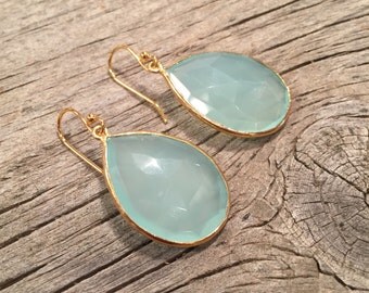 Chalcedony Teardrop earrings rimmed in Gold