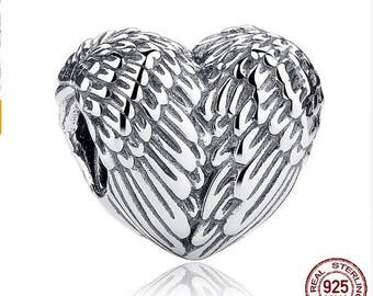 ANGELIC WINGS Heart, 100% Real 925 Sterling Silver, Fits Pandora, Famous European Snake Chain Bracelet, Large Hole, DIY Fashion