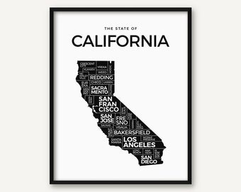 California Print, California Map Print, California Poster, California State Decor, California Art, Black and White California Wall Art