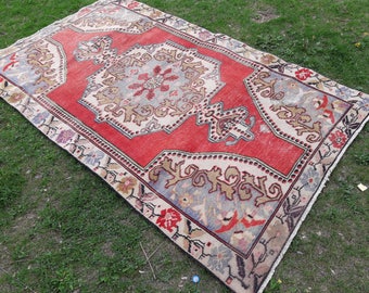 Vintage Oushak rug,Turkish rug ,faded muted colored decorative rug home of vintage rug, boho rug ,vintage oushak rug,4'2×7'2 ft /130×221 cm.