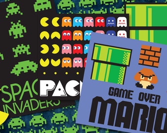 Inspired by Classic Video Games! Mario / Pacman / Space Invaders - Cricut File - Scrapbook - .SVG and .PDF Digital Files - Unofficial
