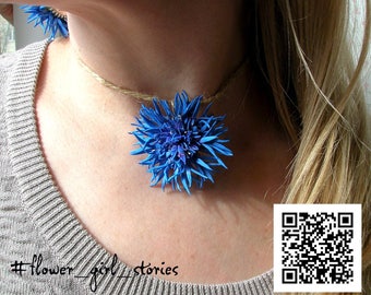 Blue cornflower necklace, cobalt blue pendant, field flower necklace for girl or woman, light sky blue bijouterie for summer rustic look