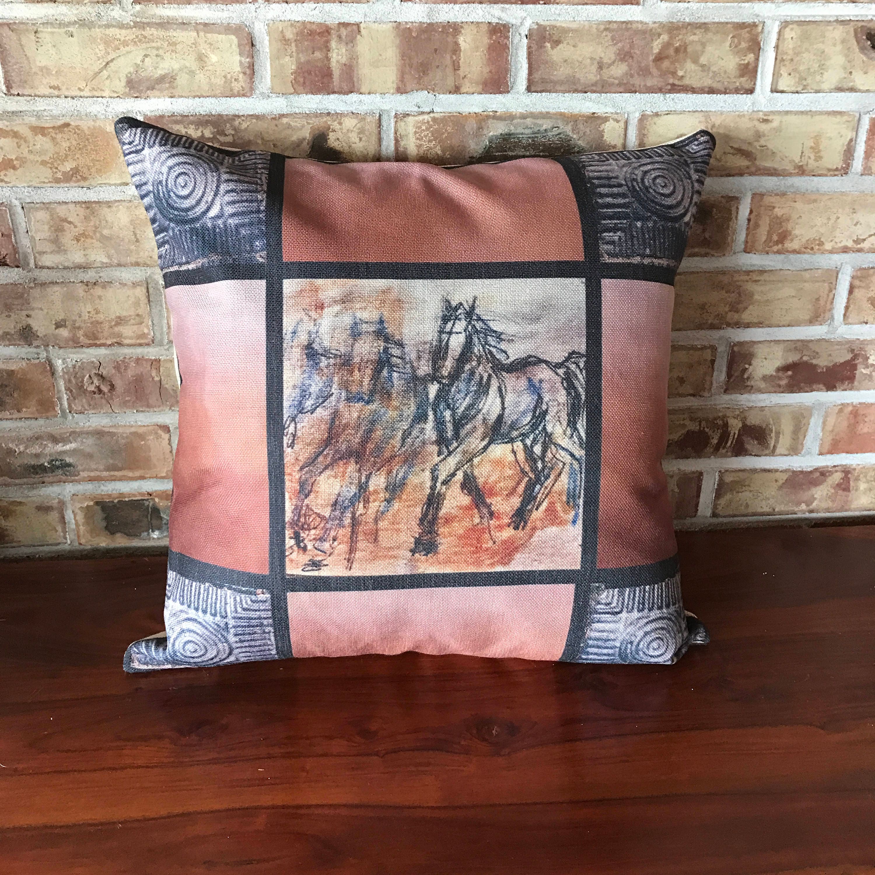 Rustic Modern Young Horses Linen Decorative Pillow Cover Rustic Modern Young Horses Linen Decorative Pillow Cover