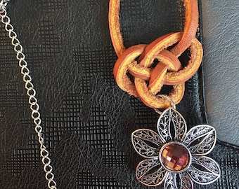 Leather Celtic knotted necklace with metal and brown crystal pendant