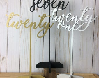 Freestanding wooden wedding table numbers /wooden script table numbers / wooden table numbers w base / event table numbers