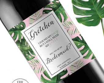 Palm Leaf Will You Be My Bridesmaid Wine Labels, Bridesmaid Box, Maid of Honor Gift, Tropical Wedding Decorations, Palm Springs,