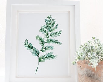 Fern print botanical wall art, Gift for her, Fern illustration in green watercolour, Fern plant poster, Digital fern wall art, Fern painting