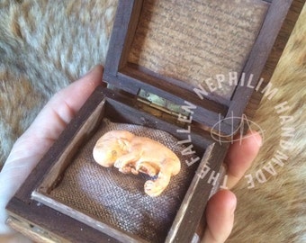 The Lost Child a cathartic sculpture of an unborn fetus in a small wooden box. Approximately 8 to 10 weeks gestation. Curious Oddity