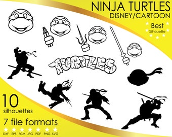 10 Silhouettes, Ninja, Turtles, Turtle, Teenage, Mutant, Disney, Cartoon, dxf, eps, fcm, jpg, pdf, png, svg, Silhouette, Cricut, ScanNCut