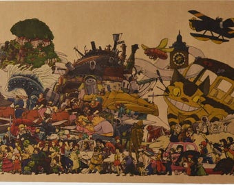 Studio Ghibli all characters vintage poster, Hayao Miyazaki, Tororo, Spirited Away, Mononoke, Totoro, Howl's Moving Castle