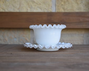 Vintage Fenton Silver Crest Mayonnaise Bowl and Plate, Crimped Clear Glass
