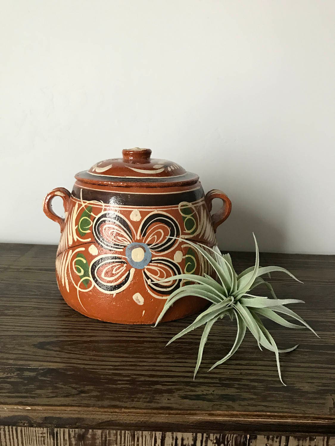 Mexican Clay Bean Pot Vintage Mexican Ceramic Pot Bandera