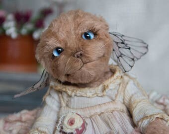 Сat toys teddy ooak art doll animal handmade toys cat animal totem cat teddy butterfly gift toy ooak teddy cat artist teddy bear and friends