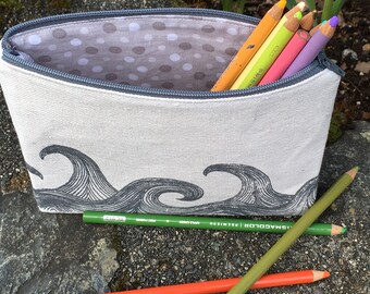 Zipper pouch make up bag, screen printed waves pencil case, coin purse
