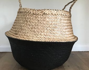 Large Black Dipped Seagrass Basket, Belly Basket, Laundry Baskets, Storage Baskets