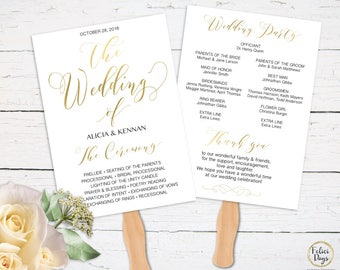 Gold Wedding Program Fan Editable Template, DIY Wedding Program, Wedding Program Printable, Ceremony Printable, PDF Instant Download GW180