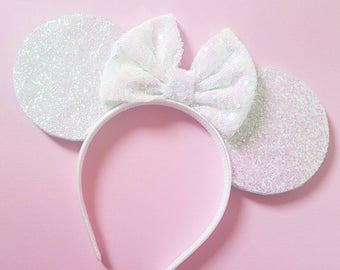 Irredescent Glittery White Mouse Ears || Minnie Mouse Ears || Mickey Mouse Ears|| Mouse Ears Headband ||Bride Mouse Ears