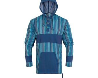 Grandad Shirt with Hoodie // Long Sleeve Kurta // 100% Cotton // Made in Nepal // Striped // Hippie Hobo Boho Bohemian Wear