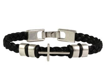 Leather bracelet with cross, sterling silver plated