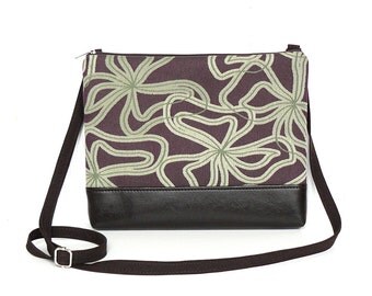 Small Crossbody Bag, Fabric Hip Purse, Zipper Cross Body Purse - Scribbled Lilies in Smoky Plum and Sage Green