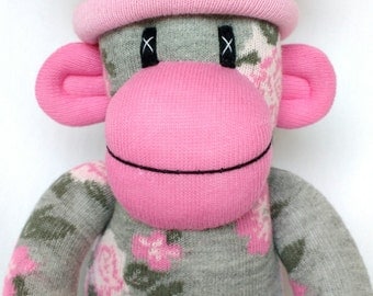 Pretty grey and pink Rose Sock Monkey with striped pom pom hat ce certified shabby chic (made to order)