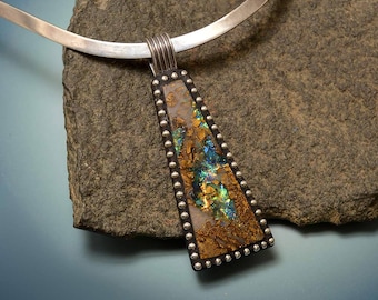 Sterling Silver Pendant with faux boulder opal blue, green, orange iridescent rock sterling beads and bail one of a kind statement piece