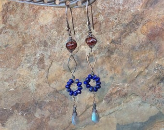 LABRADORITE, GARNET, and LAPIS Lazuli earrings, linear earrings, woven jewelry, sterling silver, Angry Hair handmade jewelry