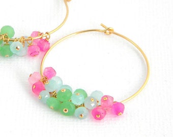 Gold Pastel Pink Aqua Blue Pale Green Chalcedony Hoop Earrings
