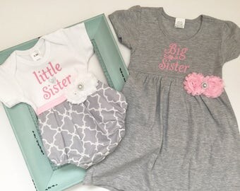 Big Sister Little Sister OUTFITS .. Shabby chic Pink and grey dress and Bubble romper -sister Set..new baby..baby shower
