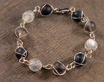 Frosted black, grey and white beach glass beads silver wire handmade bracelet