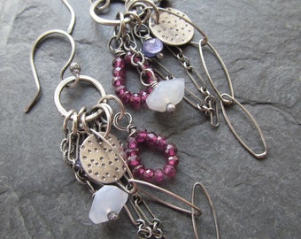 Long Silver earrings Purple Plum BOHO silver jewelry silver Charm Earrings Dangling Gemstone earrings wire wrapped Earrings Garnet