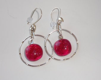Hot Pink Sparkle Dichoric Glass Hoop Earrings, Fused Glass Earrings, Glass Earrings, Hoop Earrings - Hot Pink Earrings