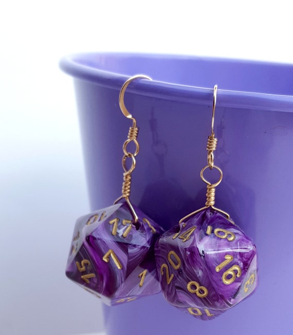 Dice Earrings D20 Twenty Sided Dice Jewelry Purple Swirl