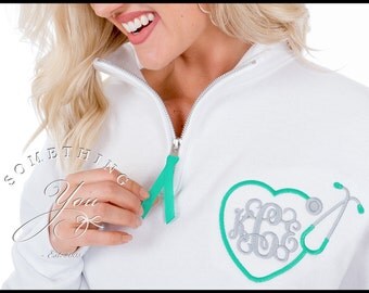 Stethoscope Monogrammed Pullover - Quarter Zip with Ribbon Pull, Doctor Gift, Nurse Gift, Veterinary Gift, RN Gift Personalized Sweathshirt