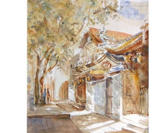 Temple, asia, peinture original watercolor painting id20170426 oriental, ancient architecture wall art, not a print, landscape,