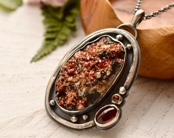 Crystal Druzy Necklace, Modern Rustic Metalwork, Garnet Necklace, Silver Necklace, Handcrafted Artisan Necklace, Gift for Mom