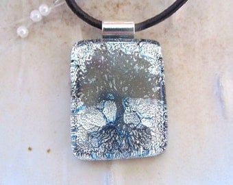 Tree of Life Dichroic Glass Pendant, Petite, Fused Glass Jewelry, Silver, Necklace Included, A1