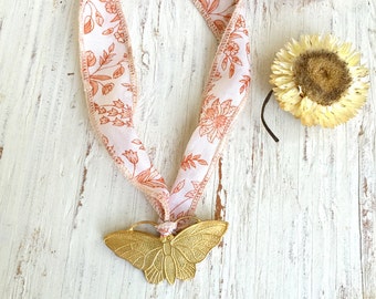 Floral silk ribbon long necklace,Butterfly pendant necklace,summer bohemian necklace,Festival necklace. tiedupmemories