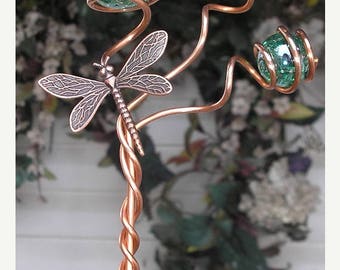 Dragonfly/Butterfly Garden Plant Stake - Metal Sculpture - Glass Copper Art - Yard Lawn Outdoor Pond Decor Green