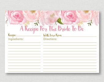 Soft Pink Floral Bridal Shower Recipe Cards / Floral Bridal Shower / Watercolor Floral / Printable Recipe Card / INSTANT DOWNLOAD B108