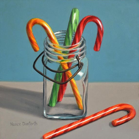 Candy Canes 8x8 original oil painting realistic still life by