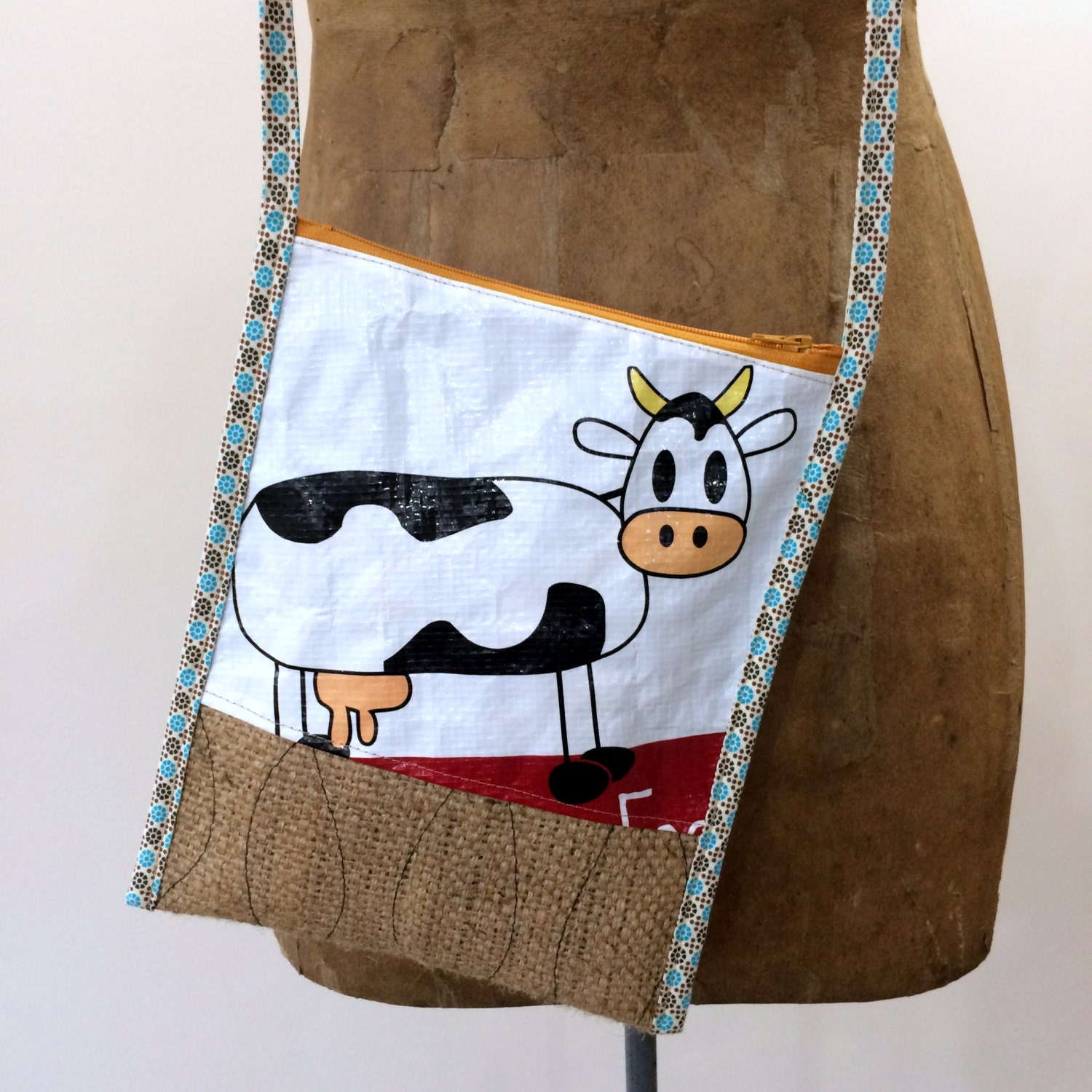 Recycled Burlap and Feed Bag Crossbody Purse by OneWomanStudio