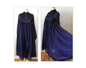 Vintage 70s Hippie Chic Gauze Dress XS S Dk Blue Golden Flecks NOS