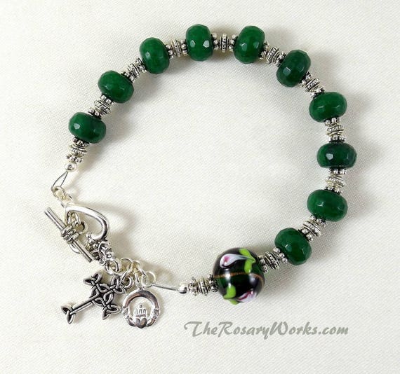 Irish Rosary Bracelet Chaplet Celtic Claddagh Green Faceted